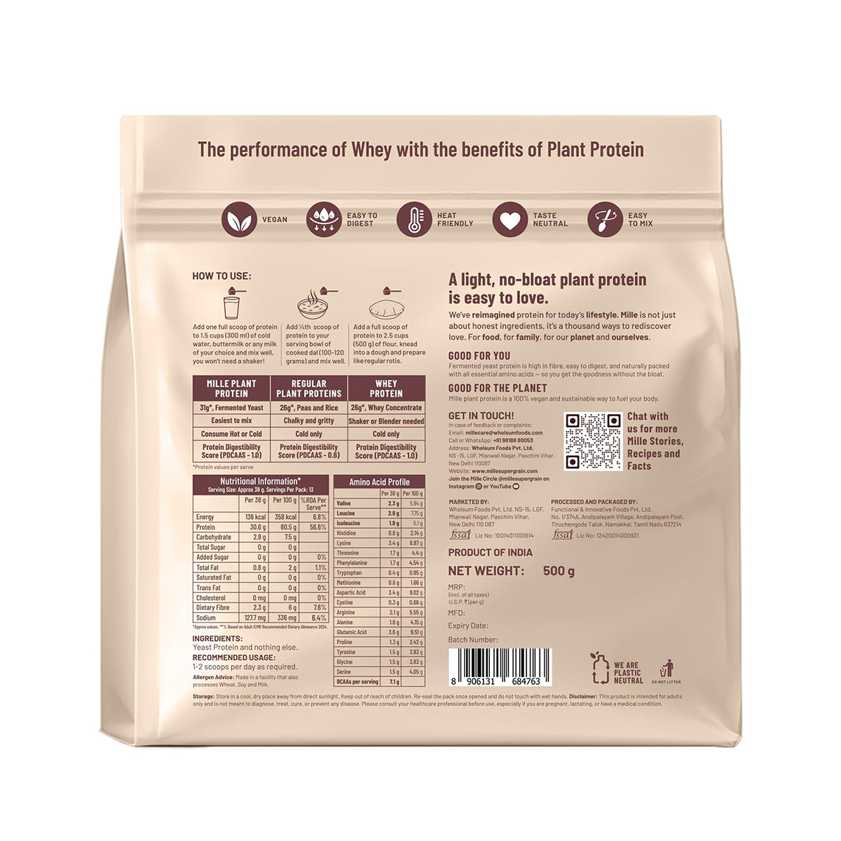 Mille Yeast Protein Unflavoured pouch back