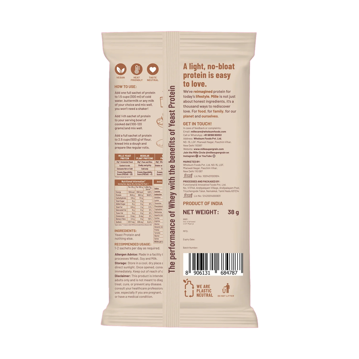 Mille Yeast Protein Unflavoured single-serve sachet - back