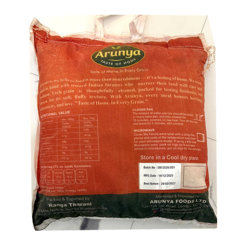 Arunya Sona Masoori Rice 10kg - back of pack
