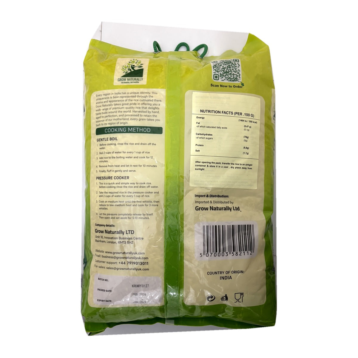 Grow Naturally Basmati Rice 10kg - back of pack