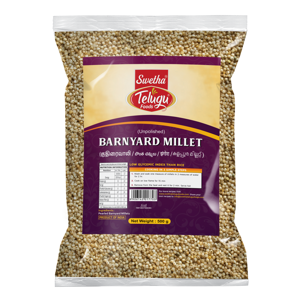 Swetha Telugu Barnyard Millet (Unpolished) 500g — front of pack