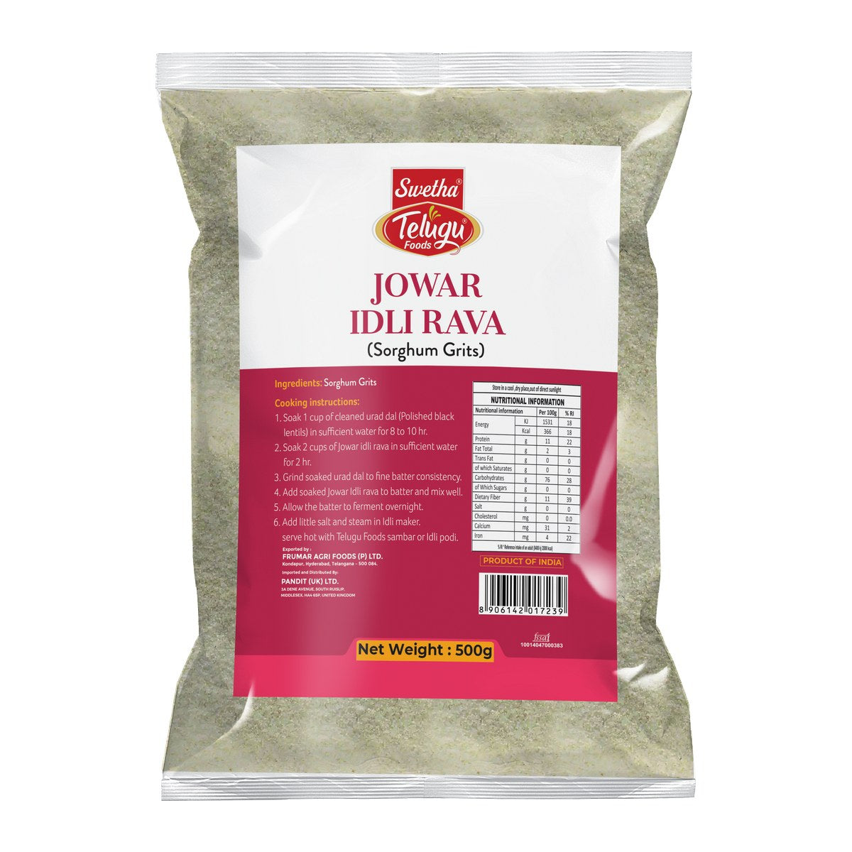 Swetha Telugu Jowar Idli Rava (Sorghum Grits) 500g — pack with ingredients