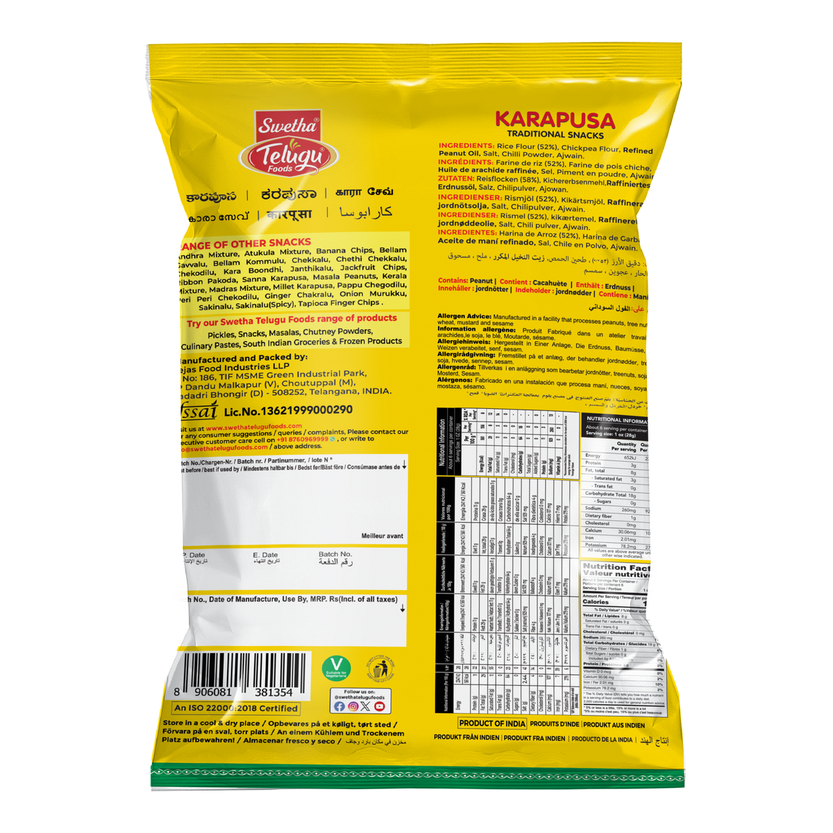 Swetha Telugu Karapusa (Spicy Rice & Gram Sev) 170g — back of pack (ingredients & allergens)