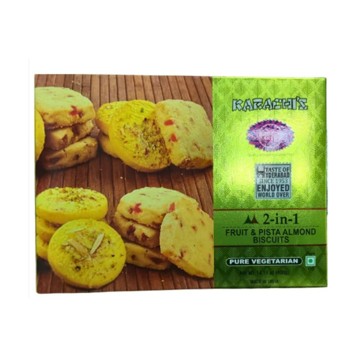 Karachi Bakery 2-in-1 Fruit & Pista Almond Biscuits 400g box